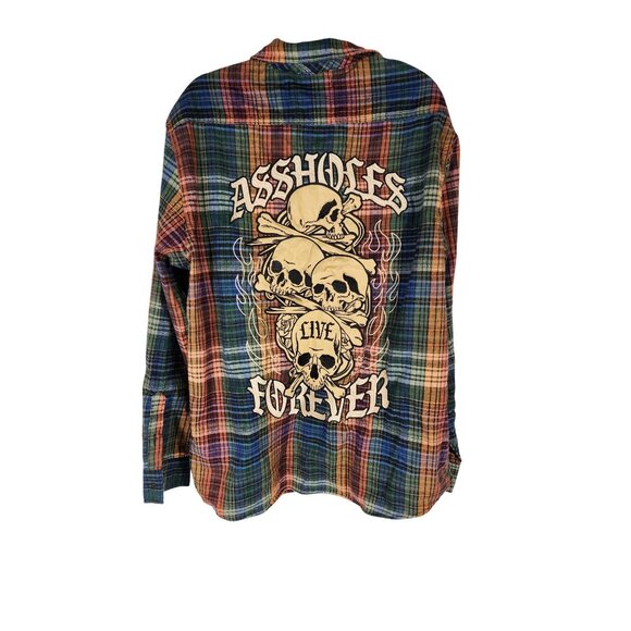 NWOT Assholes Live Forever Flannel Embroidered Skulls Rock Grunge XXXL